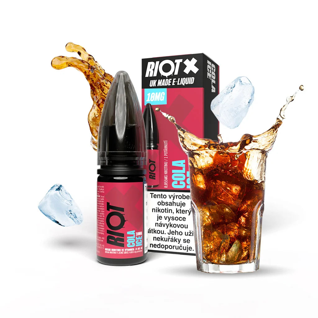 RIOT X SALT Cola Ice 10 mg/ml colový e-liquid s nikotinovou solí, fizz efektem a chladivým zakončením