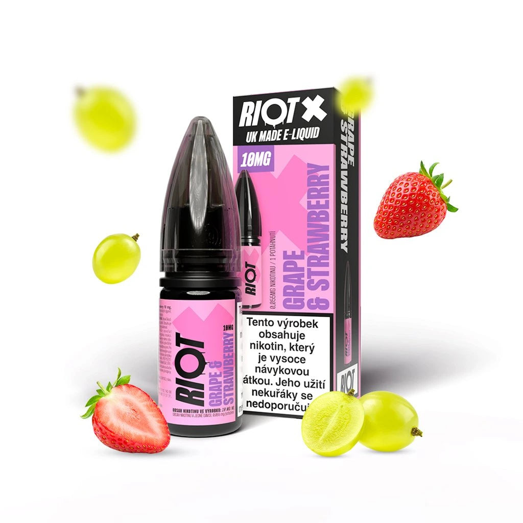 E-liquid RIOT X Salt Grape & Strawberry s 10 mg nikotinu na ml, kombinace šťavnatých hroznů a sladké jahody, vyvážený ovocný mix s lehce nasládlým a hladkým závěrem