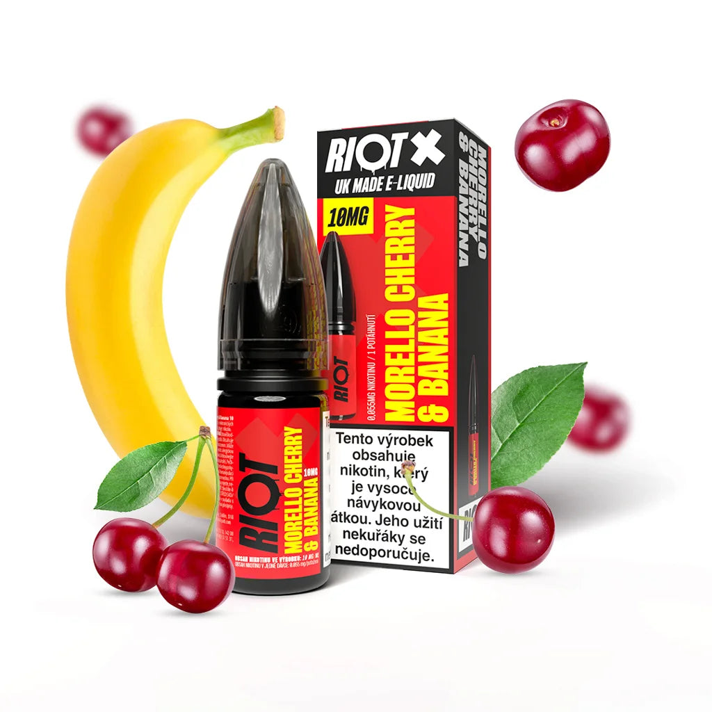 RIOT X SALT Morello Cherry & Banana 10 mg/ml ovocný e-liquid s nikotinovou solí, višní Morello a zralým banánem