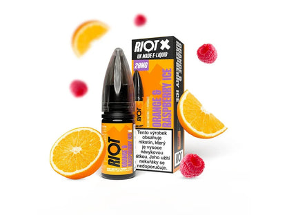 Nic salt e-liquid RIOT X Orange & Raspberry Ice 20 mg/ml 10 ml s citrusovou příchutí pomeranče, maliny a chladivým zakončením