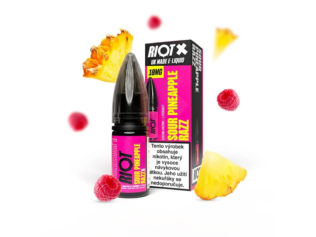 RIOT X Salt Sour Pineapple Razz 10 mg/ml e-liquid s nikotinovou solí a příchutí kyselého ananasu a sladké maliny