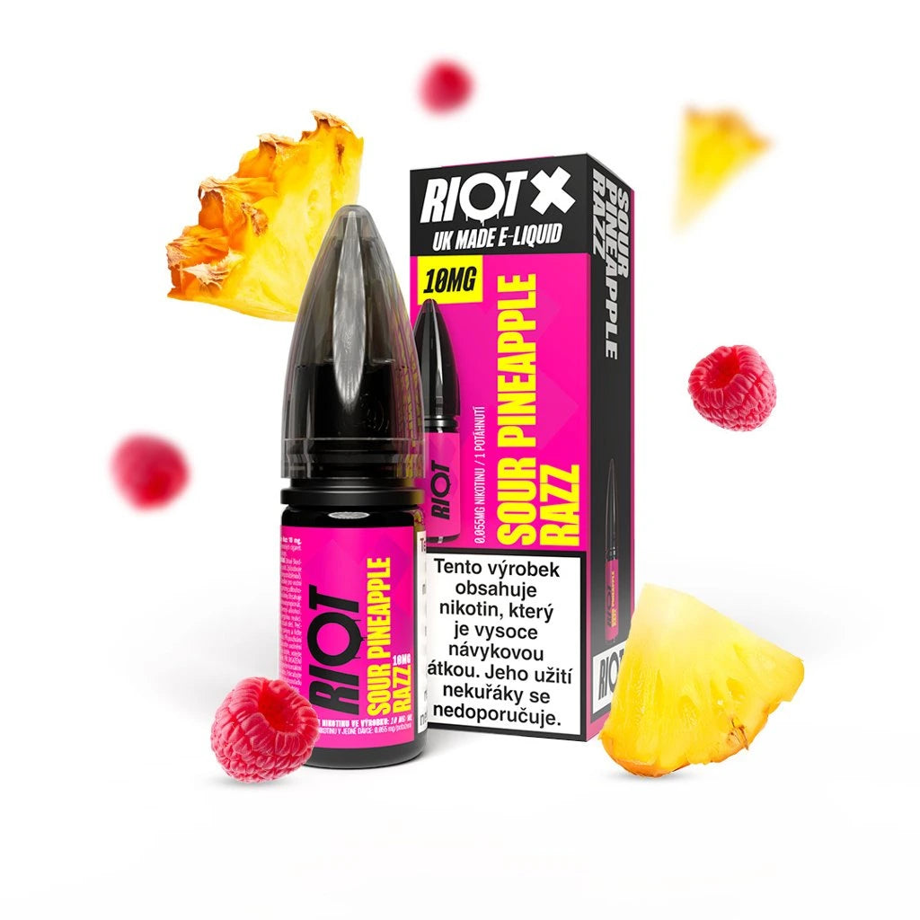 E-liquid RIOT X Salt Sour Pineapple Razz s 10 mg nikotinu na ml, kombinace kyselého ananasu a sladší maliny, sladko-kyselý mix, šťavnatá a svěží chuť s lehkým „kickem“
