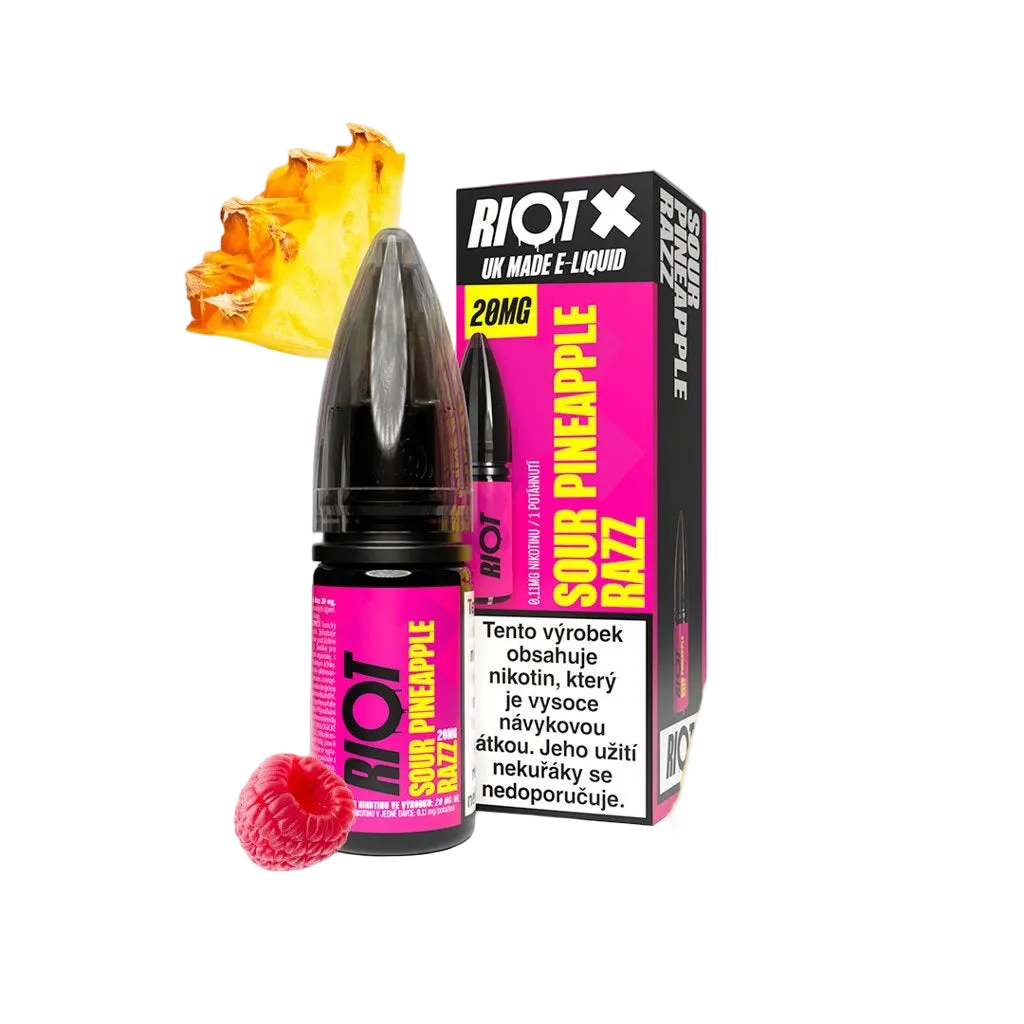 E-liquid RIOT X Salt Sour Pineapple Razz s 20 mg nikotinu na ml, kombinace kyselého ananasu a sladší maliny, sladko-kyselý mix, šťavnatá a svěží chuť s lehkým „kickem“