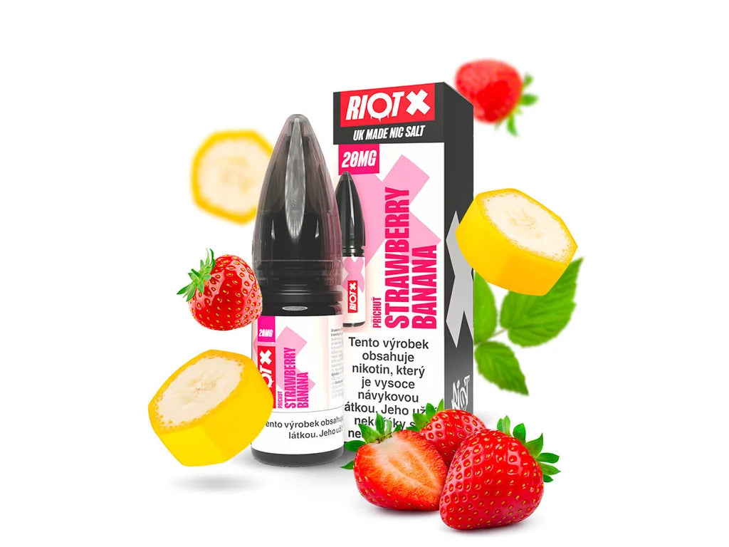 Nic salt e-liquid RIOT X SALT Strawberry Banana 20 mg/ml 10 ml s jahodovou a zralou banánovou příchutí