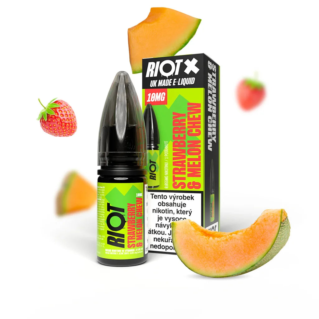RIOT X SALT Strawberry & Melon Chew 10 mg/ml e-liquid s nikotinovou solí a chutí jahody, medového melounu a žvýkačky