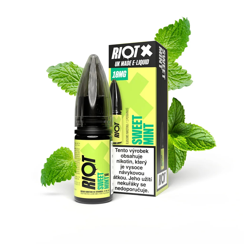 RIOT X SALT Sweet Mint 10 mg/ml mátový e-liquid s nikotinovou solí a příchutí máty peprné a máty klasnaté