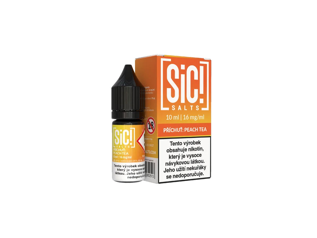 Nikotinová sůl Sic! Salts Peach Tea 10 ml 16 mg s příchutí osvěžujícího broskvového ledového čaje pro MTL elektronické cigarety.