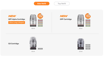 Uwell Caliburn G5 – přehled kompatibilních GPP Alpha, GPP a G3 cartridge se Side Refill plněním