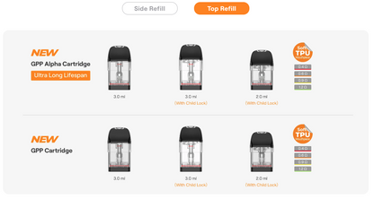 Uwell Caliburn G5 – kompatibilní GPP Alpha a GPP Top Refill cartridge včetně 2 ml variant s dětskou pojistkou