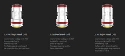 Uwell Crown 5 Mesh žhavicí hlavy 0,2 ohm, 0,23 ohm a 0,3 ohm – přehled odporu, doporučeného výkonu a použití