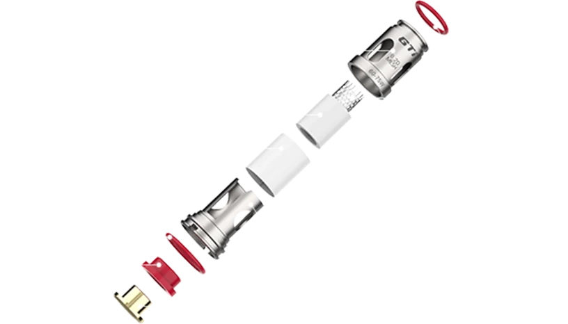 Konstrukce žhavicí hlavy Vaporesso GTi Mesh – mesh spirálka, bavlna, těsnění a kovové tělo pro clearomizér