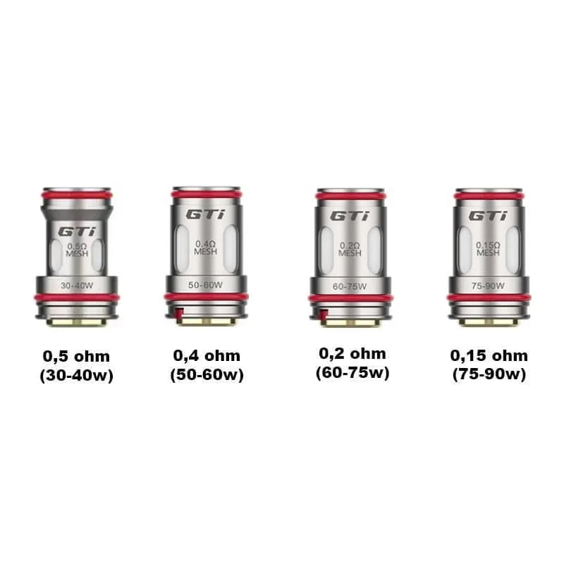 Porovnání žhavicích hlav Vaporesso GTi Mesh 0,15, 0,2, 0,4 a 0,5 ohm s doporučeným výkonem 30–90 W