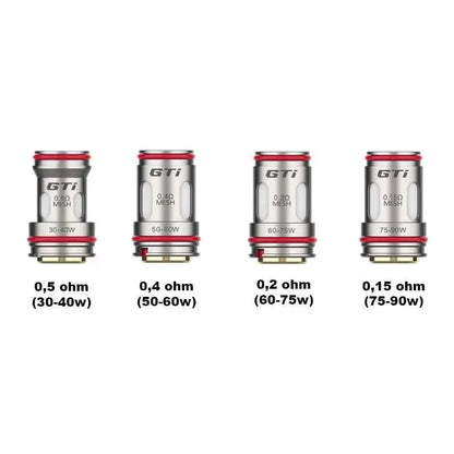 Porovnání žhavicích hlav Vaporesso GTi Mesh 0,15, 0,2, 0,4 a 0,5 ohm s doporučeným výkonem 30–90 W