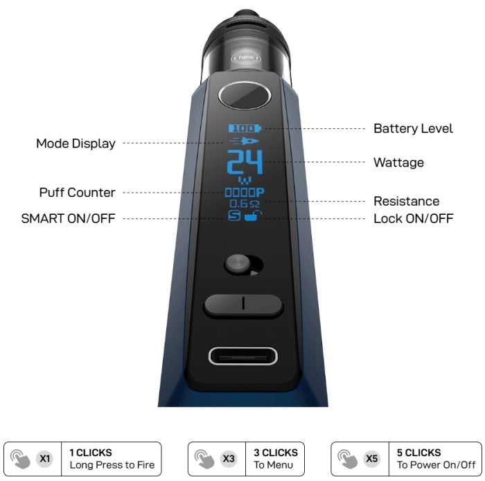 OLED displej e-cigarety Vaporesso GTX ONE PRO zobrazující výkon, odpor a stav baterie