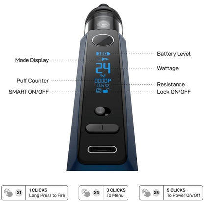 OLED displej e-cigarety Vaporesso GTX ONE PRO zobrazující výkon, odpor a stav baterie