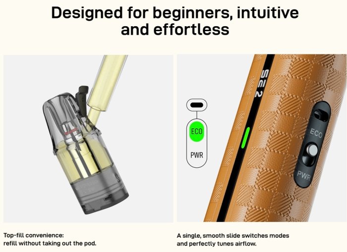 Vaporesso VIBE SE 2 s horním plněním cartridge a posuvníkem režimů ECO a POWER