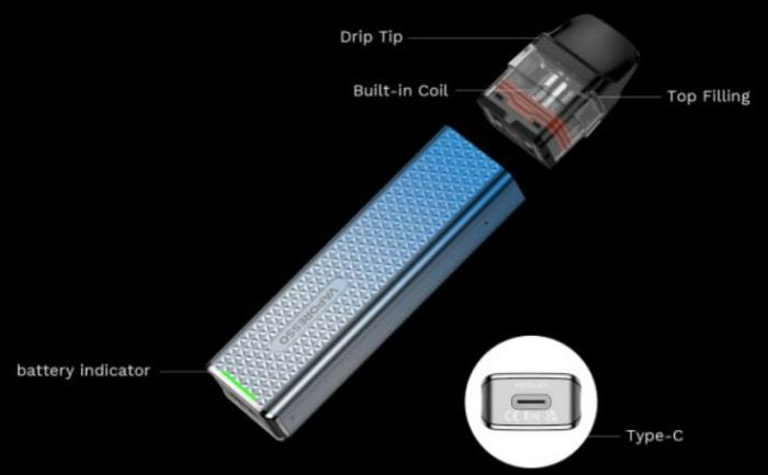 Konstrukce POD e-cigarety Vaporesso XROS 3 Mini s vrchním plněním, LED indikací a USB-C portem