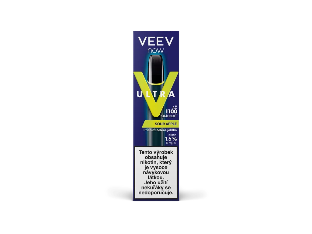 VEEV NOW ULTRA Sour Apple – jednorázová e-cigareta 18 mg s příchutí kyselého zeleného jablka a až 1100 potahy