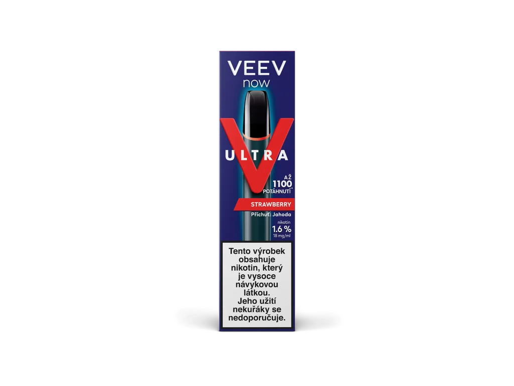 VEEV NOW ULTRA Strawberry – jednorázová e-cigareta 18 mg s příchutí zralých jahod a výdrží až 1100 potahů