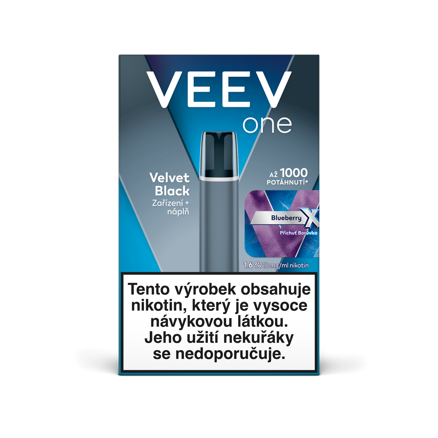 VEEV ONE Velvet Black startovací sada s předplněnou náplní Blueberry X pro elektronickou cigaretu, baterie 420 mAh, až 1000 potáhnutí