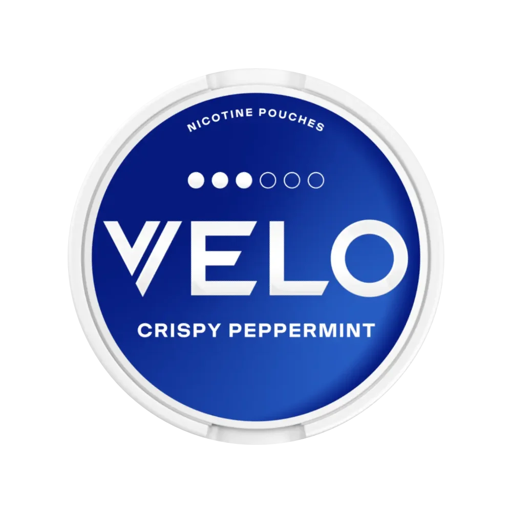 Nikotinové sáčky VELO Crispy Peppermint – svěží peprmintová chuť s jemným chladivým tónem. 10 mg nikotinu v každém sáčku.