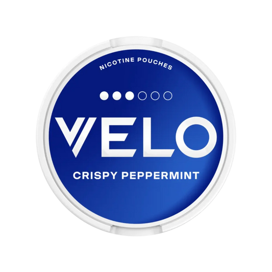 Nikotinové sáčky VELO Crispy Peppermint – svěží peprmintová chuť s jemným chladivým tónem. 10 mg nikotinu v každém sáčku.