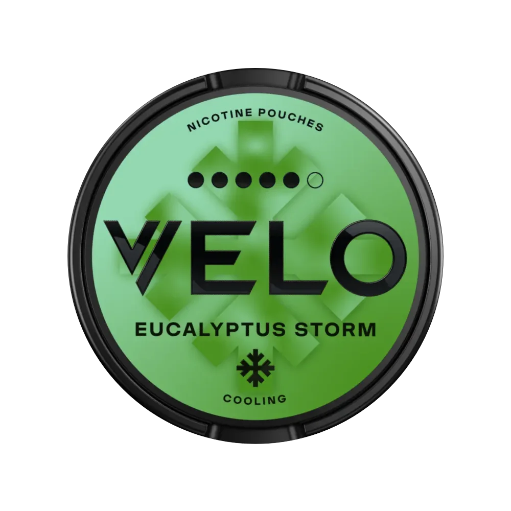 Nikotinové sáčky VELO Eucalyptus Storm 10,9 mg ve Slim formátu s intenzivní chladivou příchutí eukalyptu