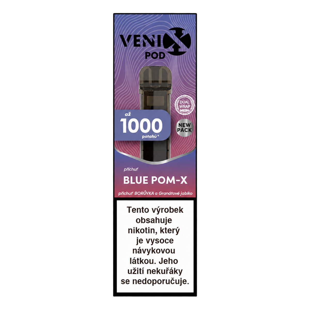 VENIX POD DM Blue POM-X 18 mg/ml – předplněná náplň s chutí borůvky a granátového jablka, objemem 2 ml a až 1000 potahy