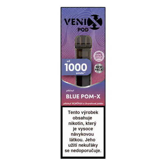 VENIX POD DM Blue POM-X 18 mg/ml – předplněná náplň s chutí borůvky a granátového jablka, objemem 2 ml a až 1000 potahy