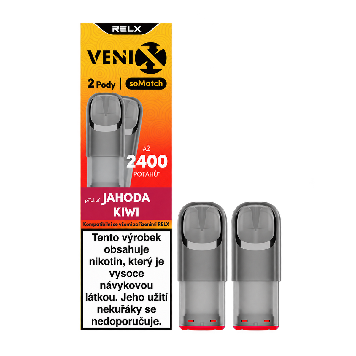 Balení dvou předplněných PODů VENIX RELX soMatch Jahoda Kiwi 18 mg/ml, celkem 4 ml náplně a výdrž až 2400 potahů