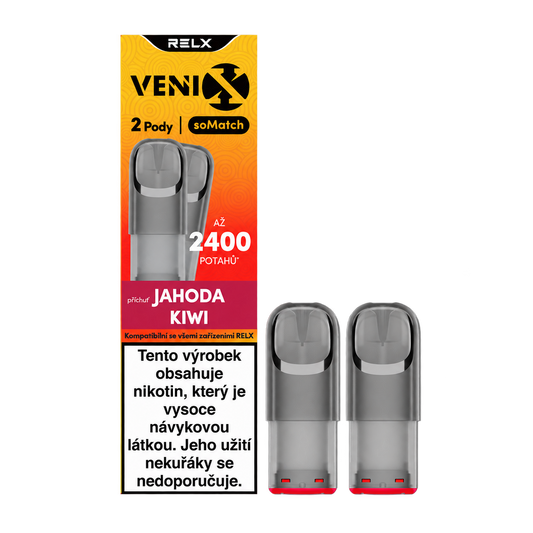 Balení dvou předplněných PODů VENIX RELX soMatch Jahoda Kiwi 18 mg/ml, celkem 4 ml náplně a výdrž až 2400 potahů