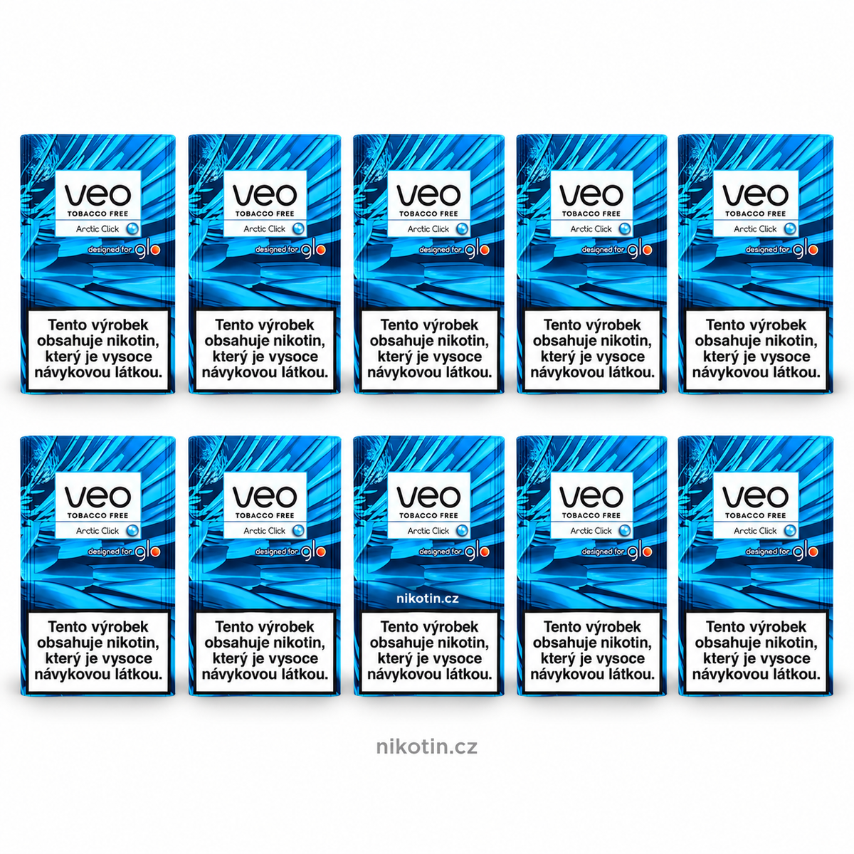 VEO Arctic Click karton s 10 krabičkami a 200 beztabákovými náplněmi s příchutí jemná máta a intenzivně chladivý spearmint pro glo HYPER