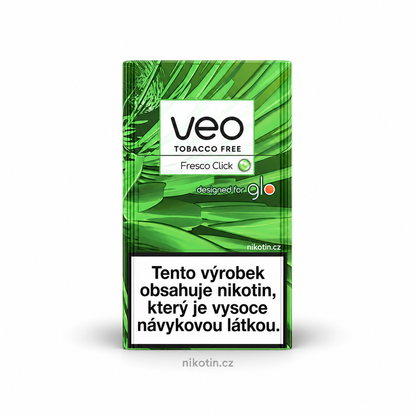 VEO Fresco Click krabička s 20 beztabákovými náplněmi na bázi Rooibos s příchutí jemná máta a krémový nádech po stisknutí kapsle pro glo HYPER