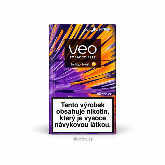 VEO Indigo Twist krabička s 20 beztabákovými náplněmi na bázi Rooibos s příchutí sladké borůvky a zralá marakuja pro glo HYPER