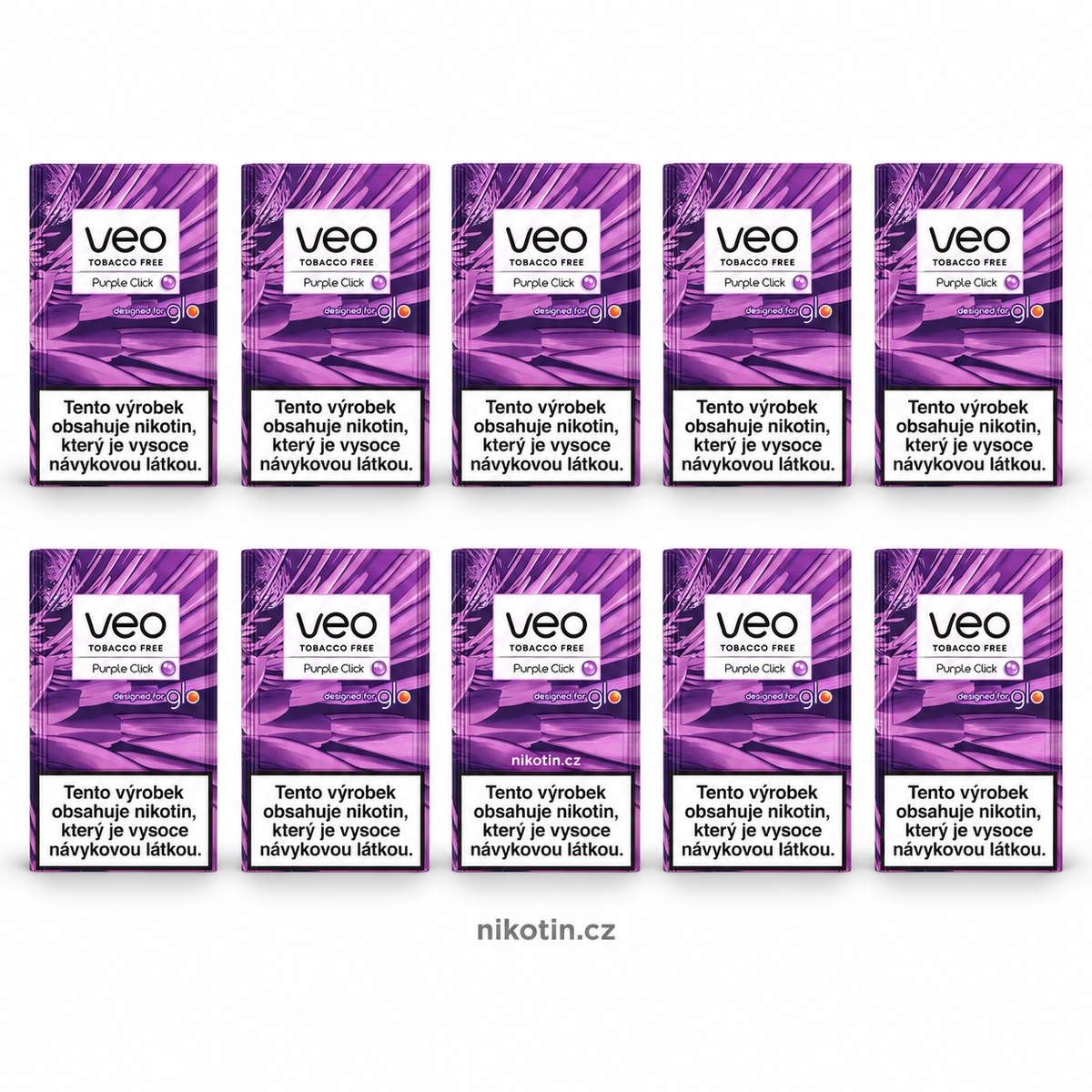 VEO Purple Click karton s 10 krabičkami a 200 beztabákovými náplněmi s příchutí sladké borůvky a krémový nádech z Click kapsle pro glo HYPER