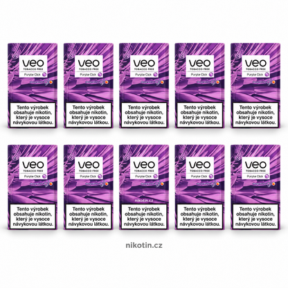 VEO Purple Click karton s 10 krabičkami a 200 beztabákovými náplněmi s příchutí sladké borůvky a krémový nádech z Click kapsle pro glo HYPER