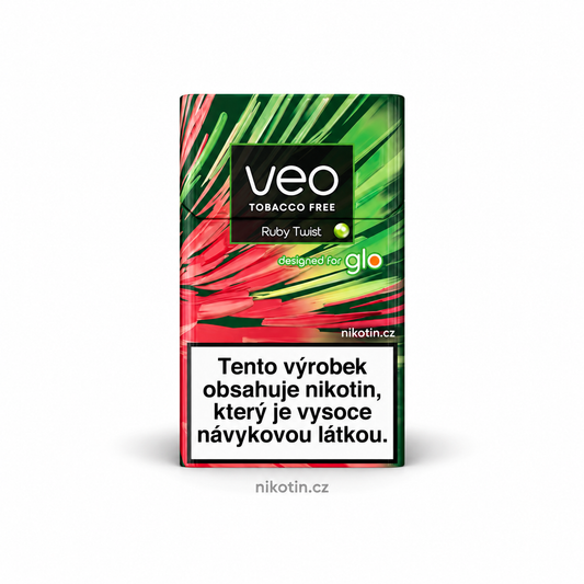 VEO Ruby Twist krabička s 20 beztabákovými náplněmi na bázi Rooibos s příchutí šťavnatý meloun, chladivý efekt a okurková Click kapsle pro glo HYPER