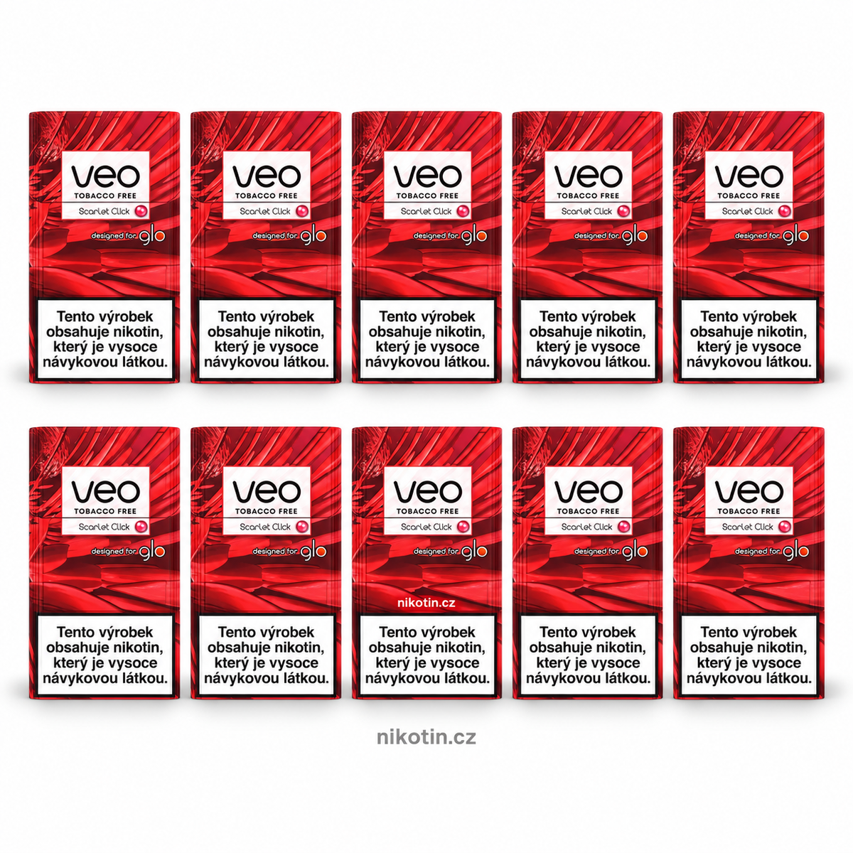 VEO Scarlet Click karton s 10 krabičkami a 200 beztabákovými náplněmi s příchutí lesní plody a intenzivní červené bobule z Click kapsle pro glo HYPER