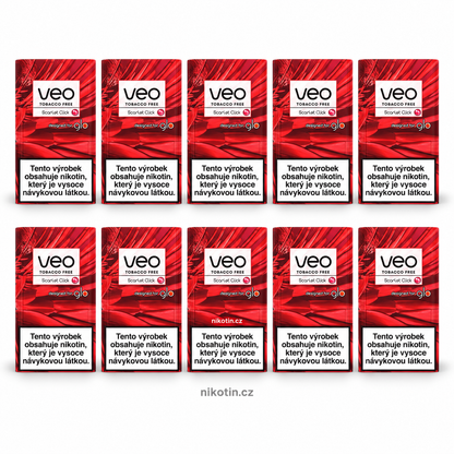 VEO Scarlet Click karton s 10 krabičkami a 200 beztabákovými náplněmi s příchutí lesní plody a intenzivní červené bobule z Click kapsle pro glo HYPER