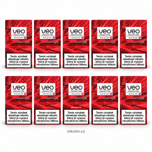 VEO Scarlet Click karton s 10 krabičkami a 200 beztabákovými náplněmi s příchutí lesní plody a intenzivní červené bobule z Click kapsle pro glo HYPER