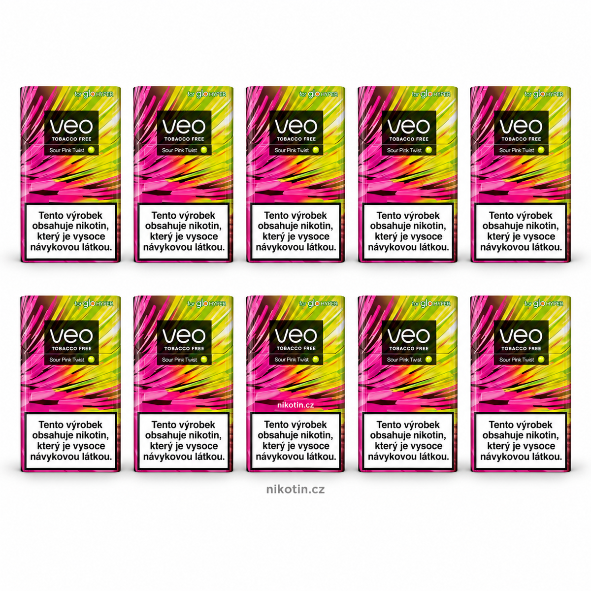 VEO Sour Pink Twist karton s 10 krabičkami a 200 beztabákovými náplněmi s příchutí sladké maliny a svěží citrusové tóny pro glo HYPER