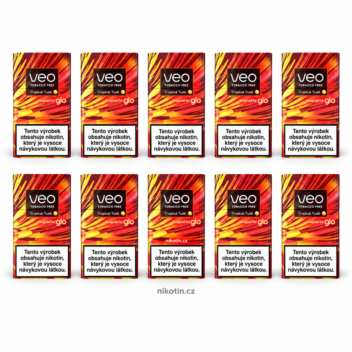 VEO Tropical Twist karton s 10 krabičkami a 200 beztabákovými náplněmi s příchutí sladké mango, chladivý efekt a broskvová Click kapsle pro glo HYPER