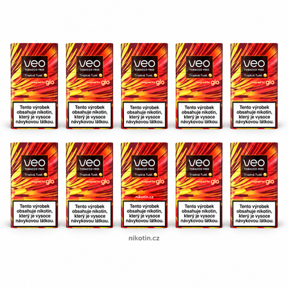 VEO Tropical Twist karton s 10 krabičkami a 200 beztabákovými náplněmi s příchutí sladké mango, chladivý efekt a broskvová Click kapsle pro glo HYPER