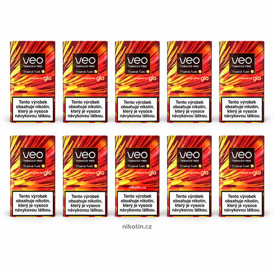 VEO Tropical Twist karton s 10 krabičkami a 200 beztabákovými náplněmi s příchutí sladké mango, chladivý efekt a broskvová Click kapsle pro glo HYPER