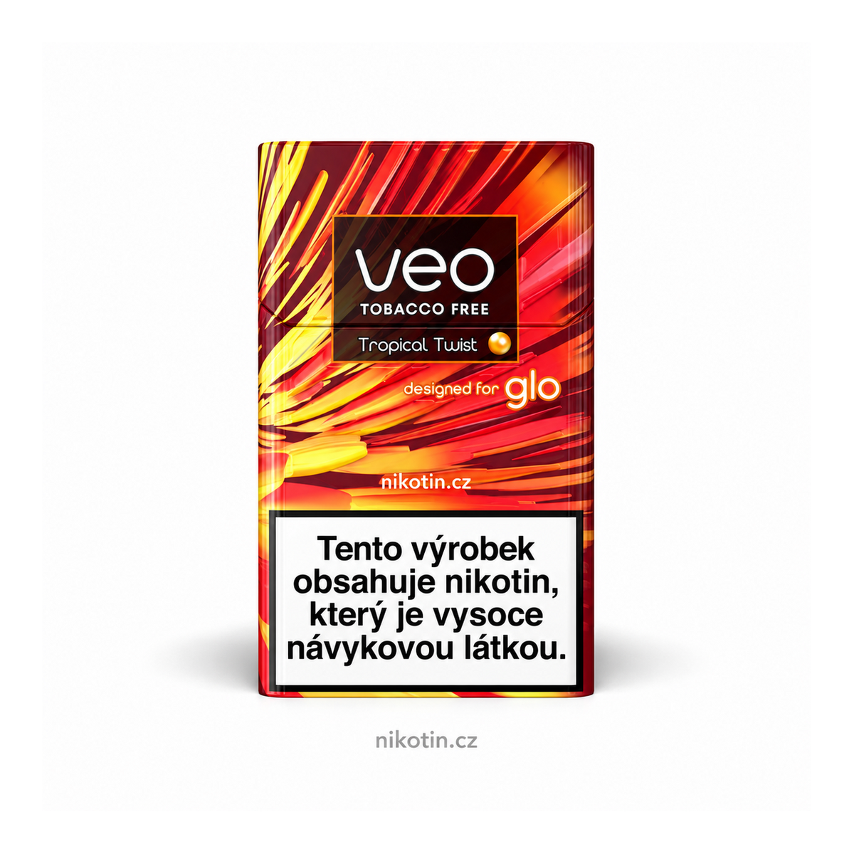 VEO Tropical Twist krabička s 20 beztabákovými náplněmi na bázi Rooibos s příchutí sladké mango, chladivý efekt a broskvová Click kapsle pro glo HYPER