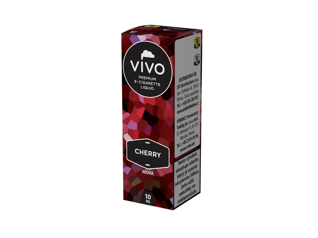 Višňová náplň VIVO Cherry Aroma, balení 10 ml s koncentrací nikotinu 18 mg/ml a třešňovým ovocným charakterem.