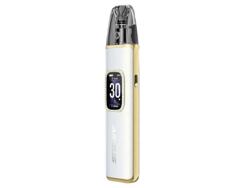 VOOPOO ARGUS G3 Diamond White, bílo-zlatá POD elektronická cigareta s ozdobným lemováním displeje a baterií 1500 mAh.