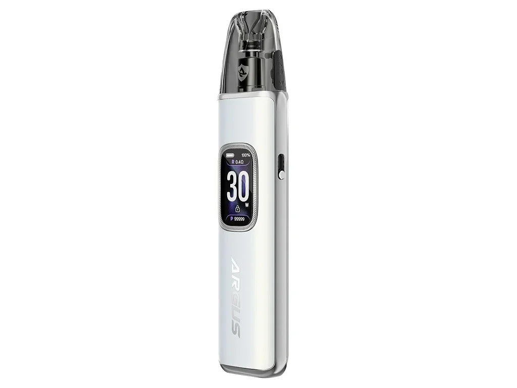 VOOPOO ARGUS G3 Pearl White, bílá elektronická cigareta POD se stříbrnými detaily, displejem 0,96 palce a baterií 1500 mAh.