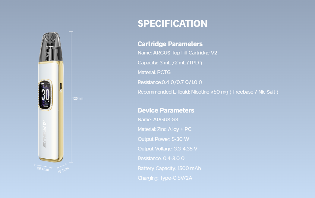 VOOPOO ARGUS G3 – technické parametry: baterie 1500 mAh, výkon 5–30 W, odpor 0,4–3,0 ohm a cartridge 2 ml.