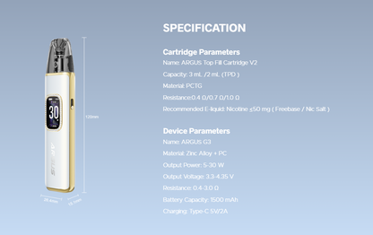 VOOPOO ARGUS G3 – technické parametry: baterie 1500 mAh, výkon 5–30 W, odpor 0,4–3,0 ohm a cartridge 2 ml.